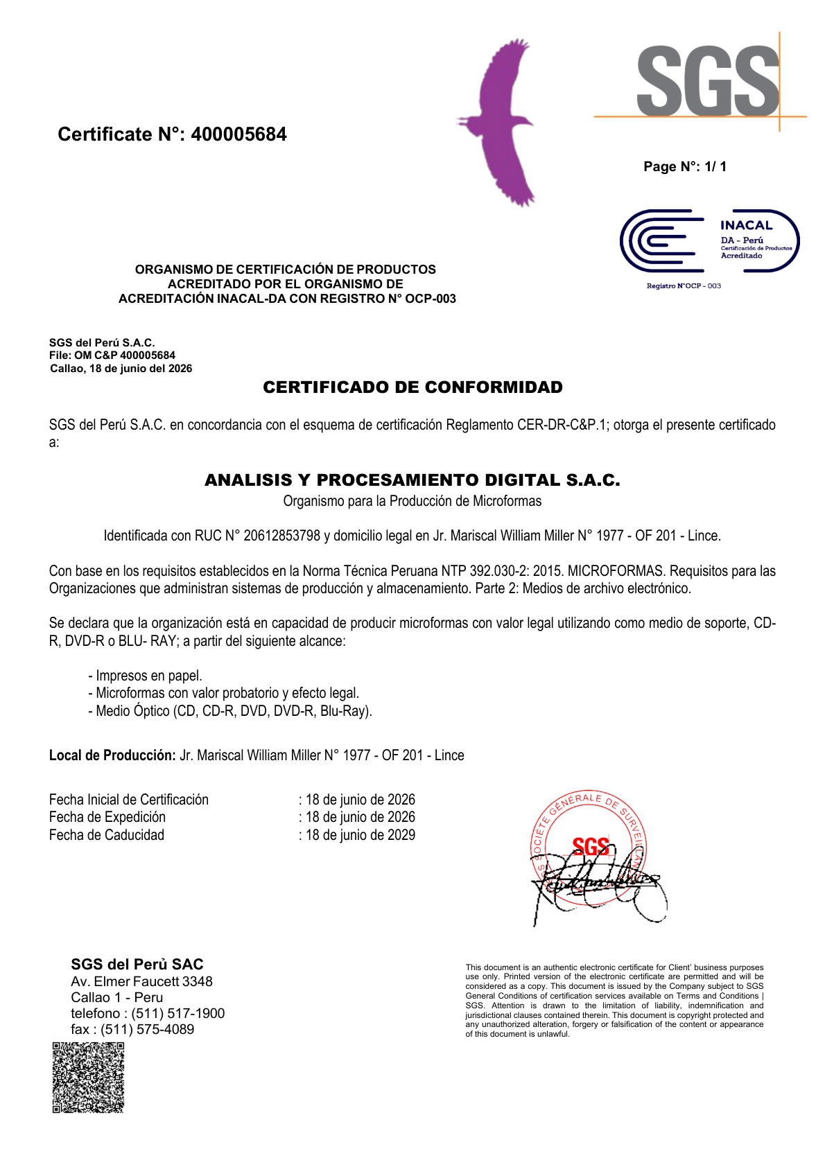 Certificado de conformidad SGS — Producción de microformas con valor legal (NTP 392.030-2:2015)
